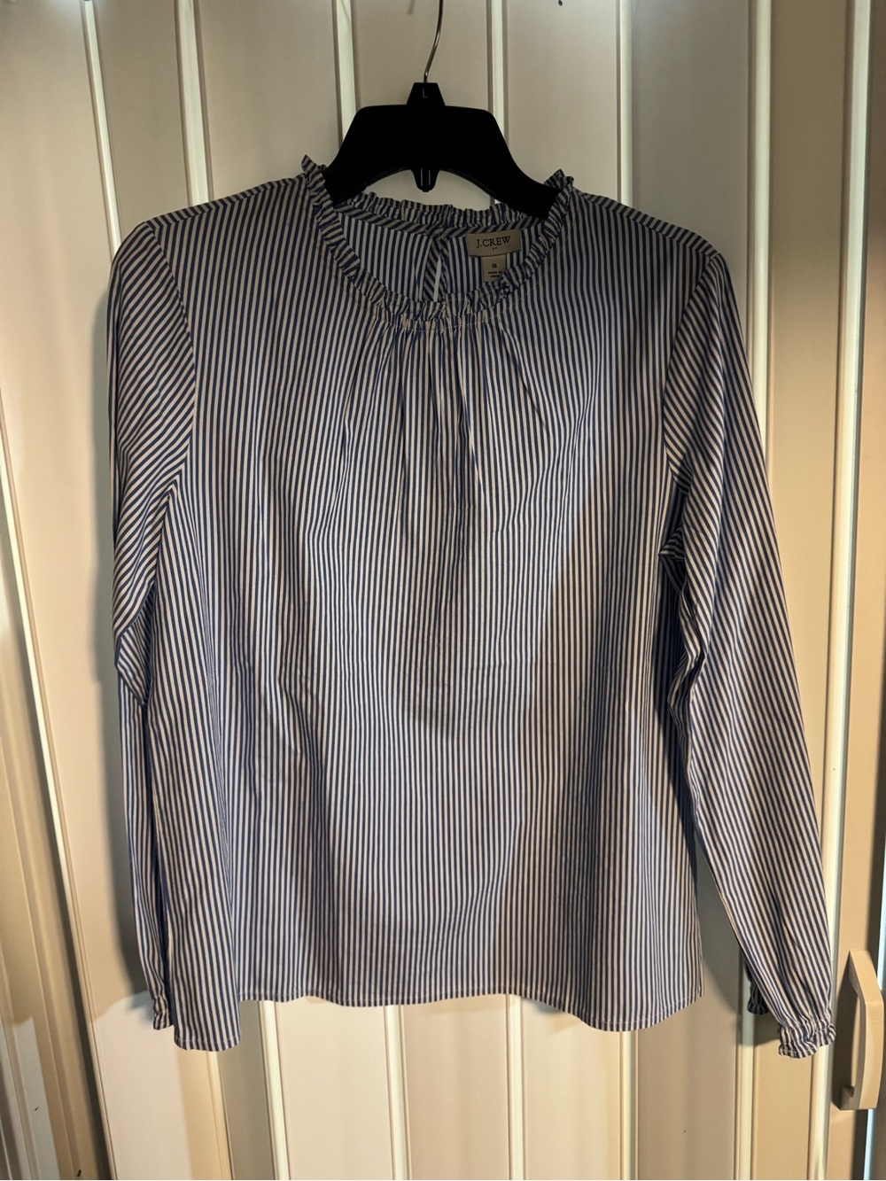 J. Crew Blue & White Pinstripe Ruffled-Neck Blouse